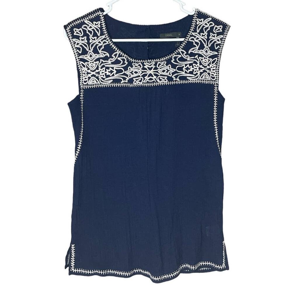 THML Embroidered Tank Top Navy Blue White Size Medium